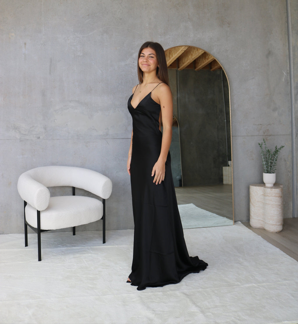V-Neck Backless Satin Long Dress