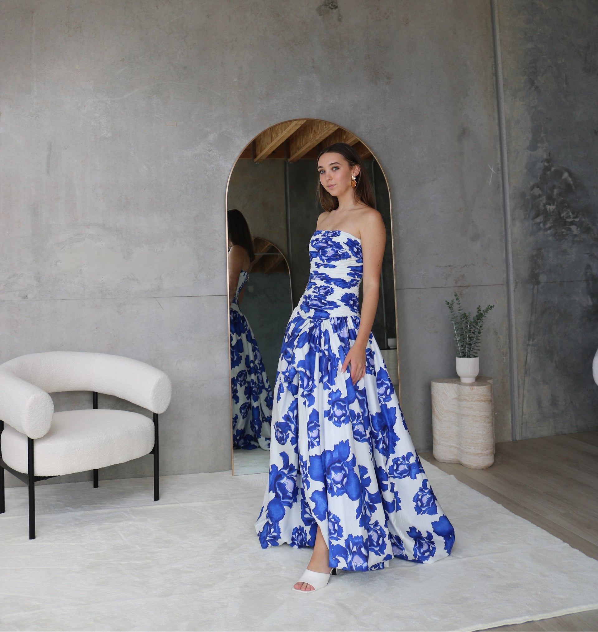 aje blue and white bubble dress Aje Violette Bubble Hem Maxi Dress Lavenders of Provence  The Closet  Collective Hire