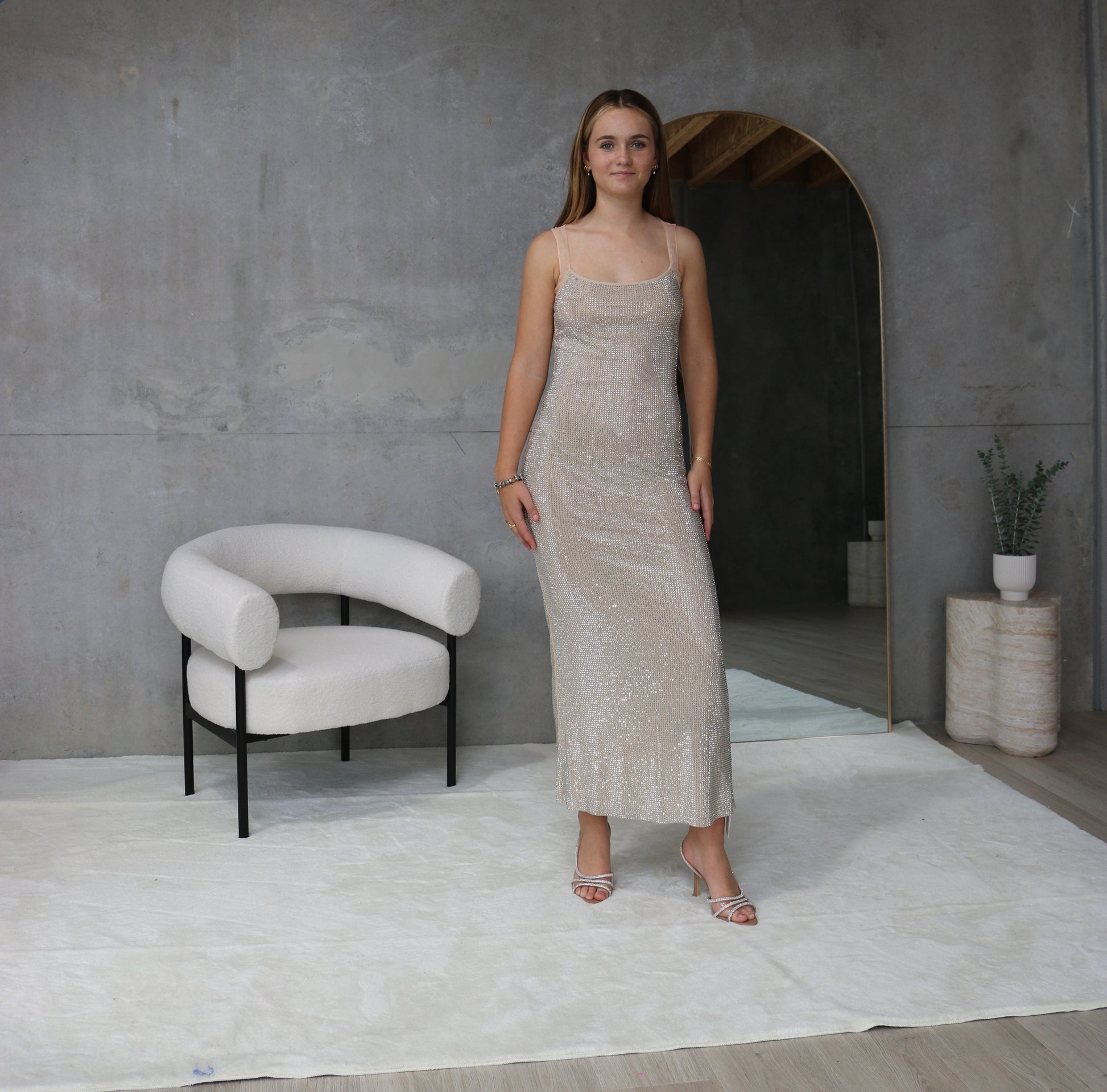 Mesh Trim Rhinestone-Decor Cami Dress
