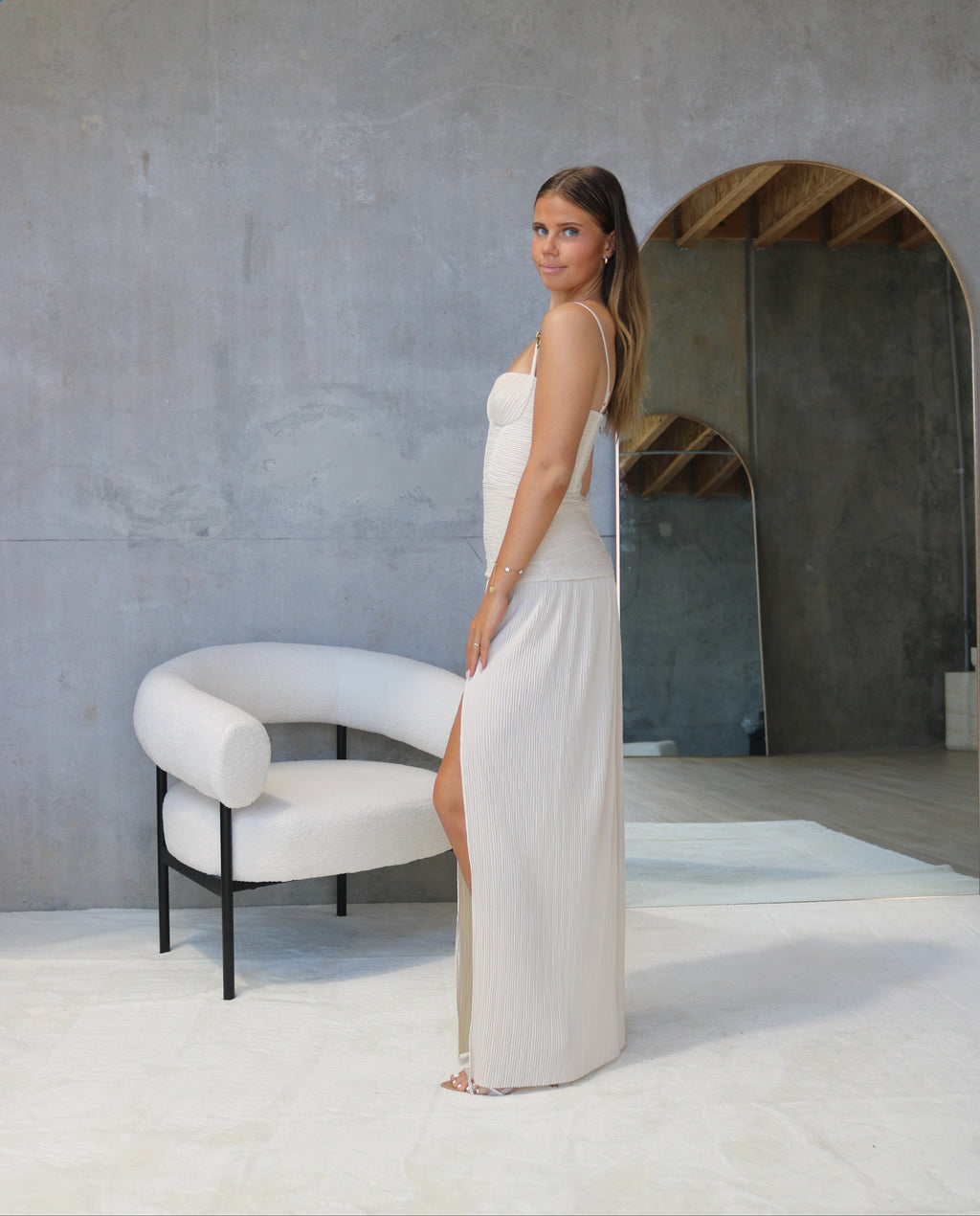 Double Time Pleat Dress Beige