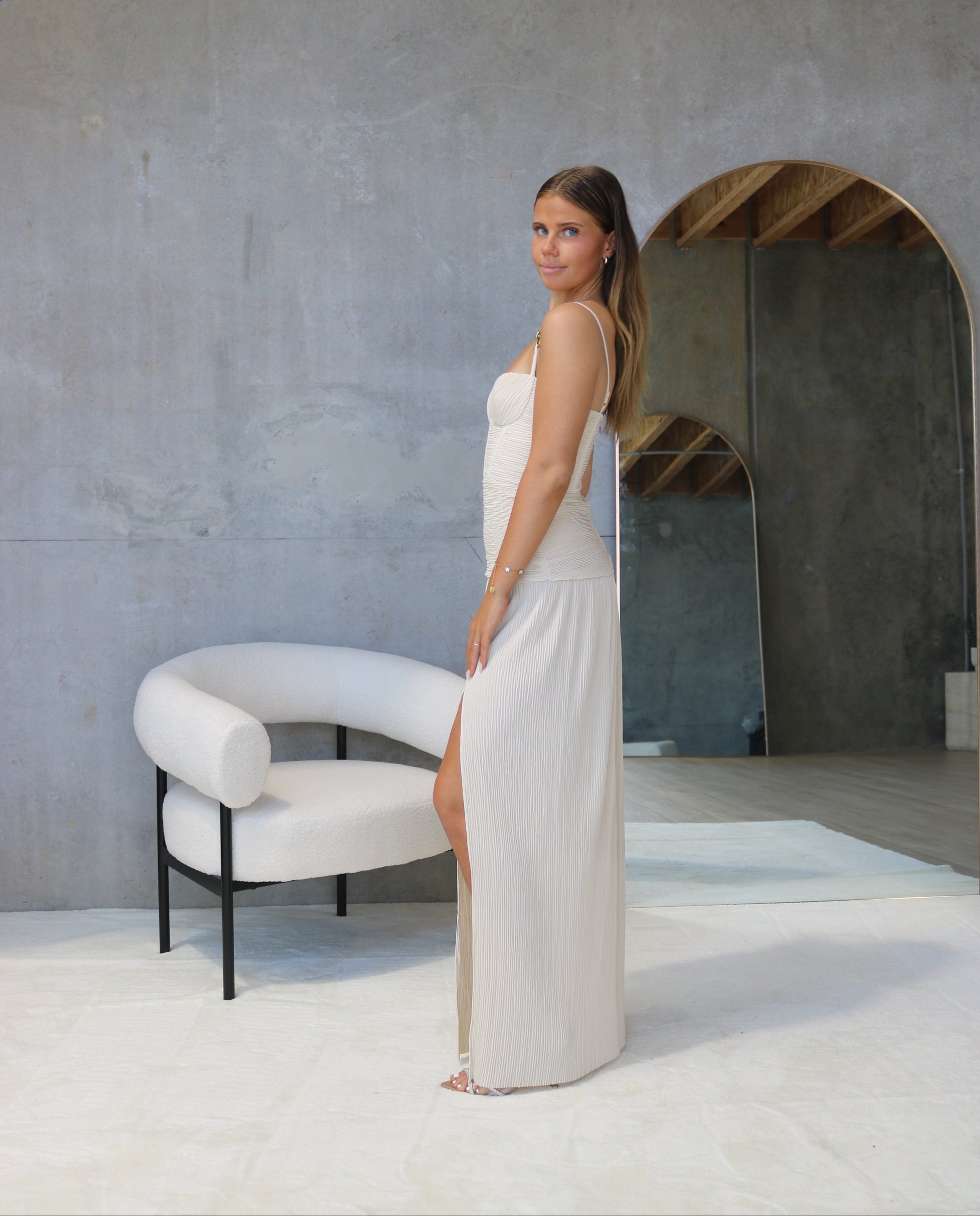 Double Time Pleat Dress Beige