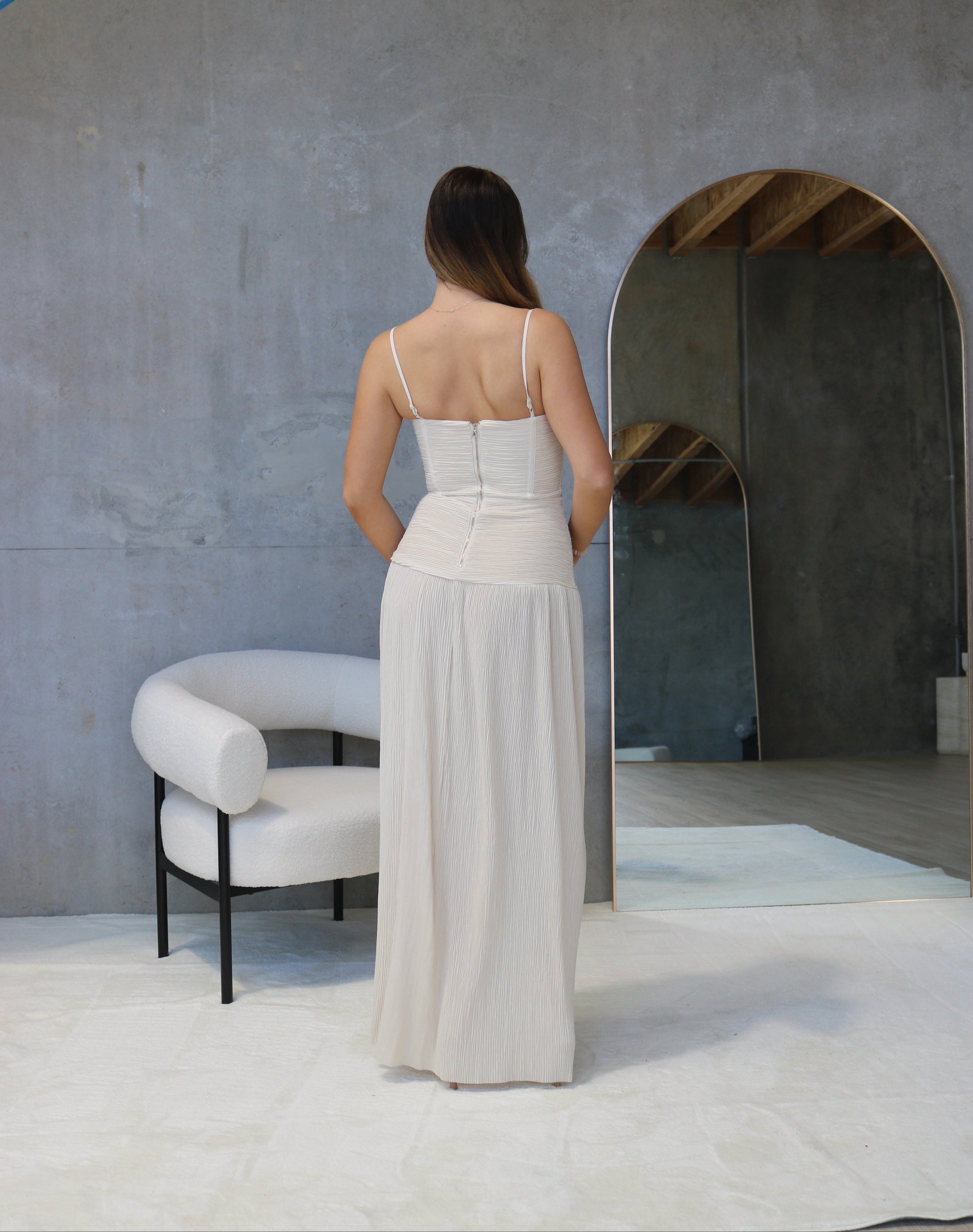 Double Time Pleat Dress Beige