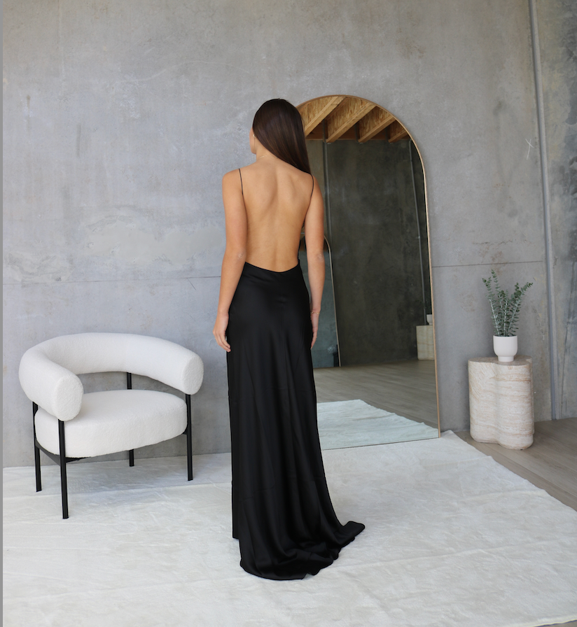 V-Neck Backless Satin Long Dress